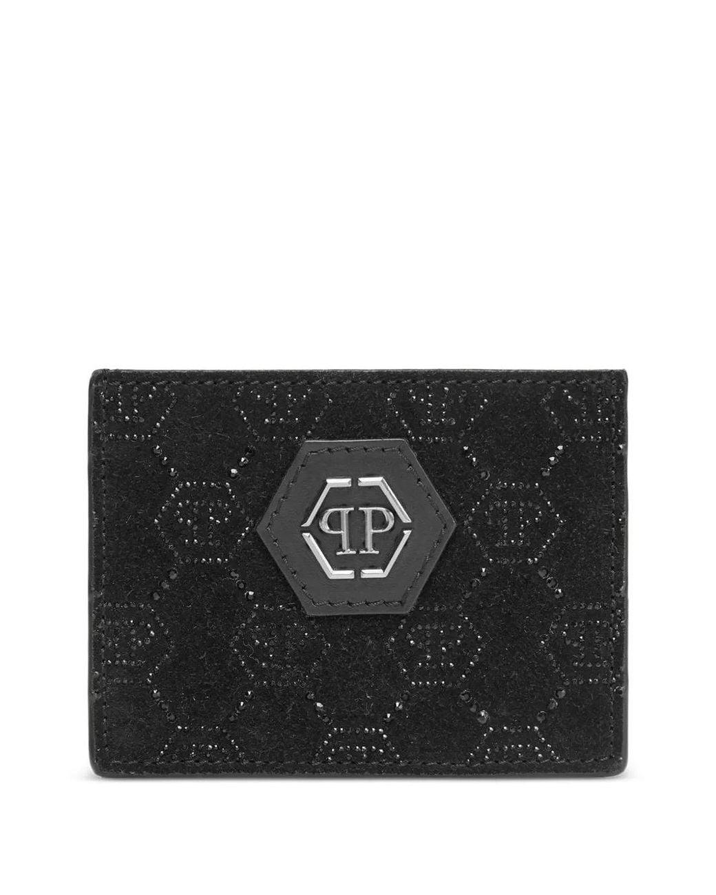 Philipp Plein Black Leather Cardholder Monogram Strass for men