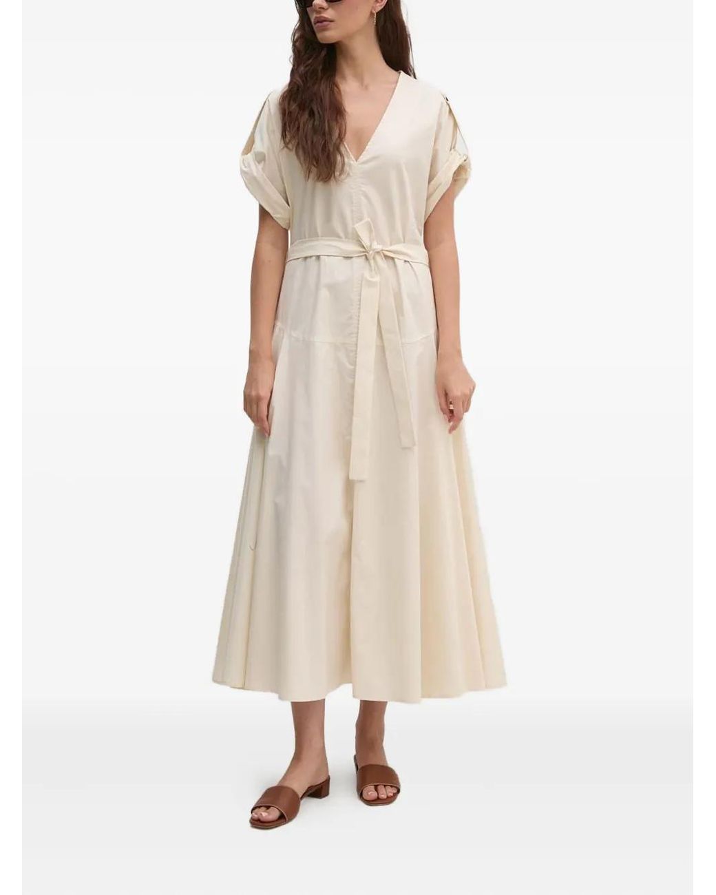 Sandro Ferrone Natural Belted V-Neck Midi Dress