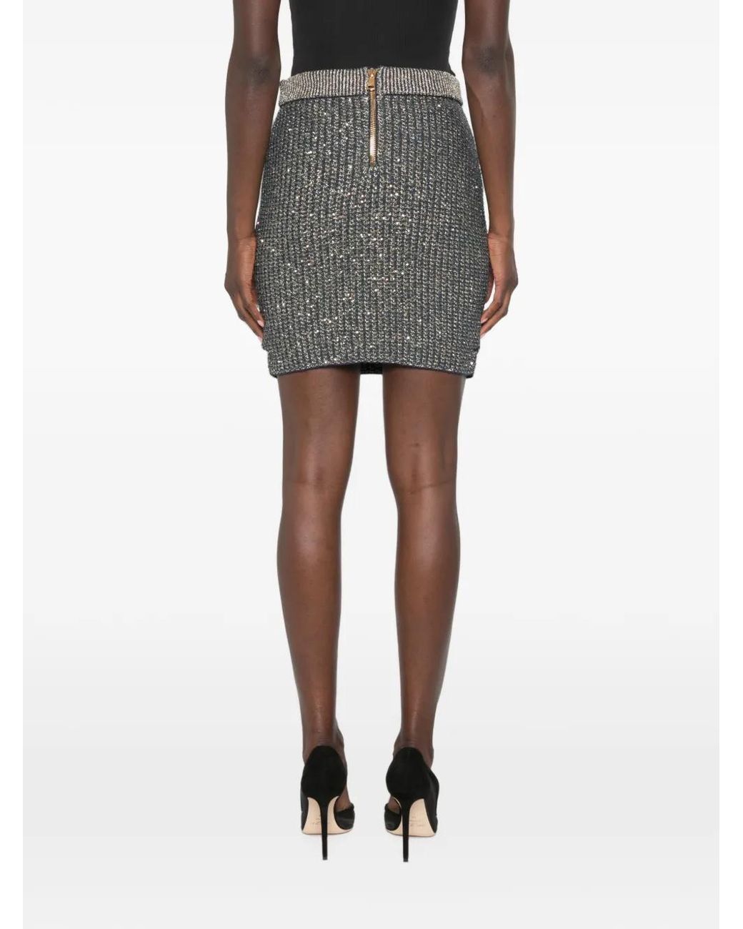 Balmain Gray Sequin-Embellished Glitter-Effect Midi Skirt