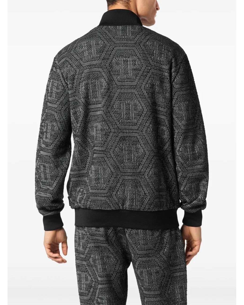 Philipp Plein Black Monogram-Jacquard Bomber Jacket for men