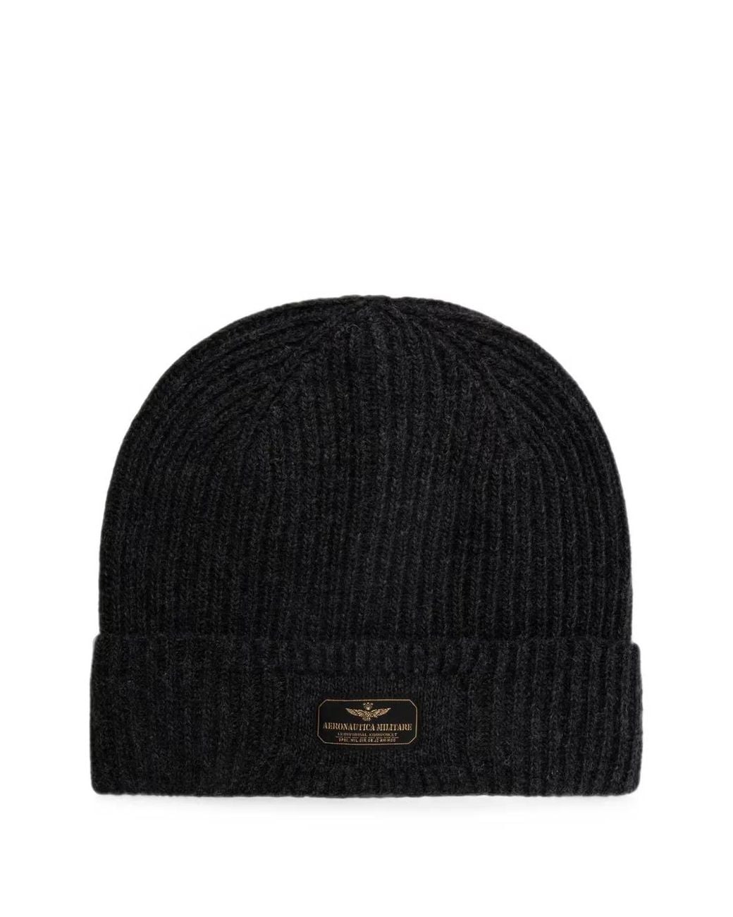 Aeronautica Militare Black Ribbed-Knit Logo-Patch Beanie Hat for men