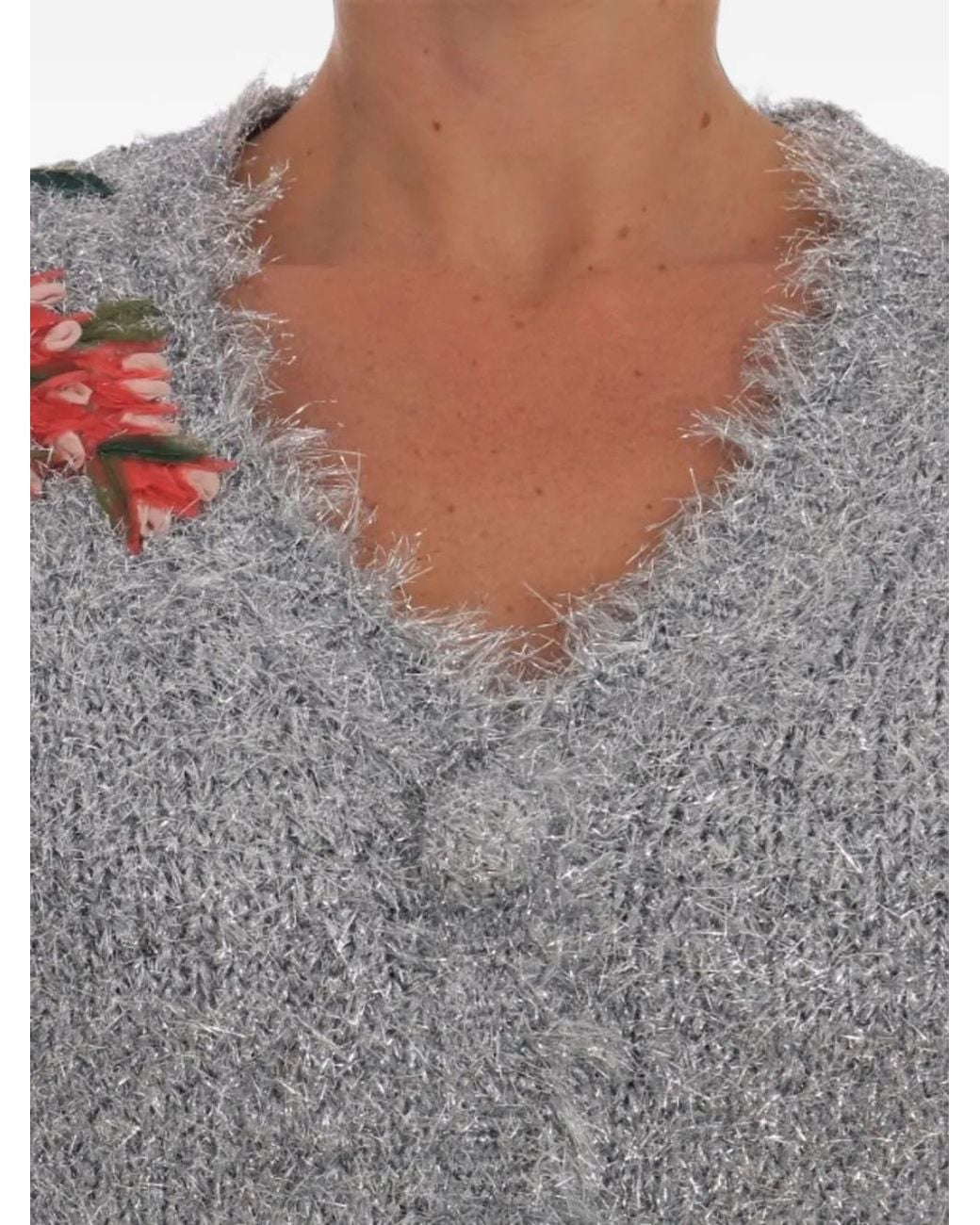 Dolce & Gabbana Gray Floral-Appliqué Metallic Cardigan