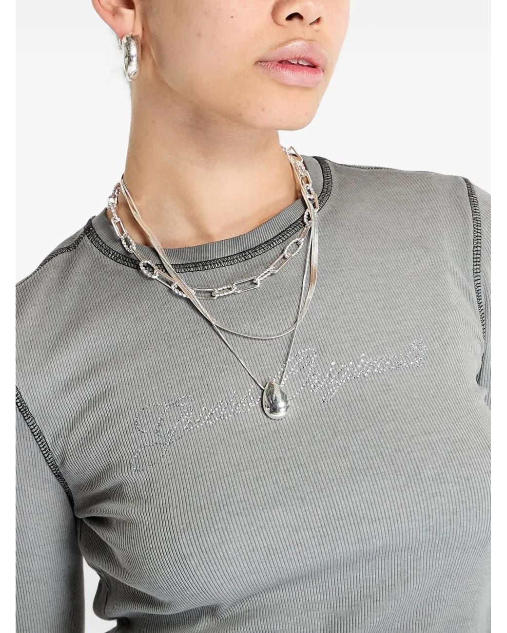 Guess Gray Rhinestone-Embellished Long-Sleeve Top