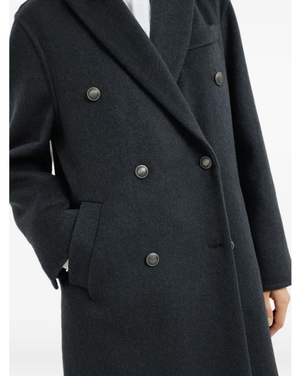 Brunello Cucinelli Black Manteau En Cachemire Mélangé À Taille Ceinturée Et Ornements Métalliques