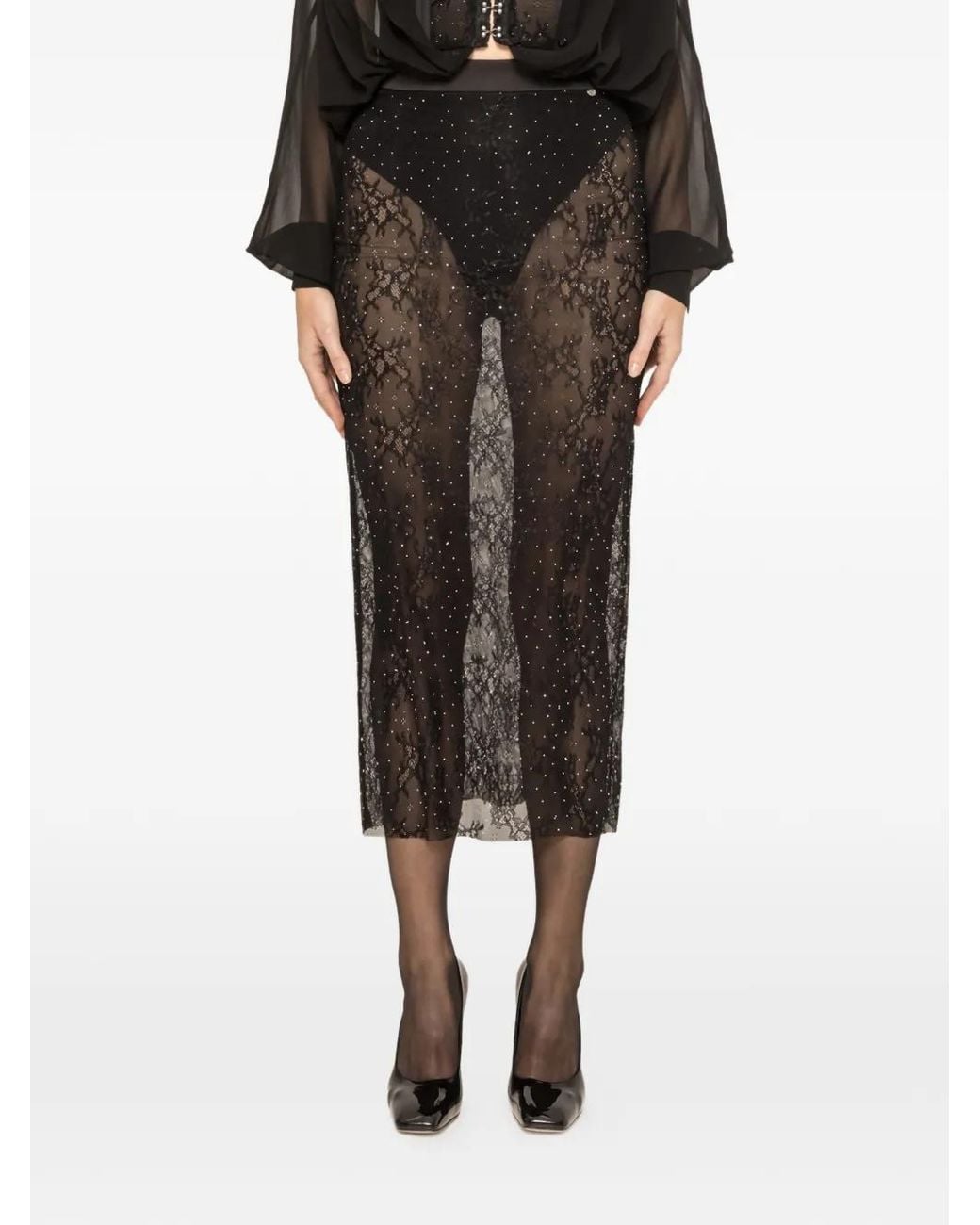 Nissa Black Rhinestone-Embellished Lace Maxi Skirt