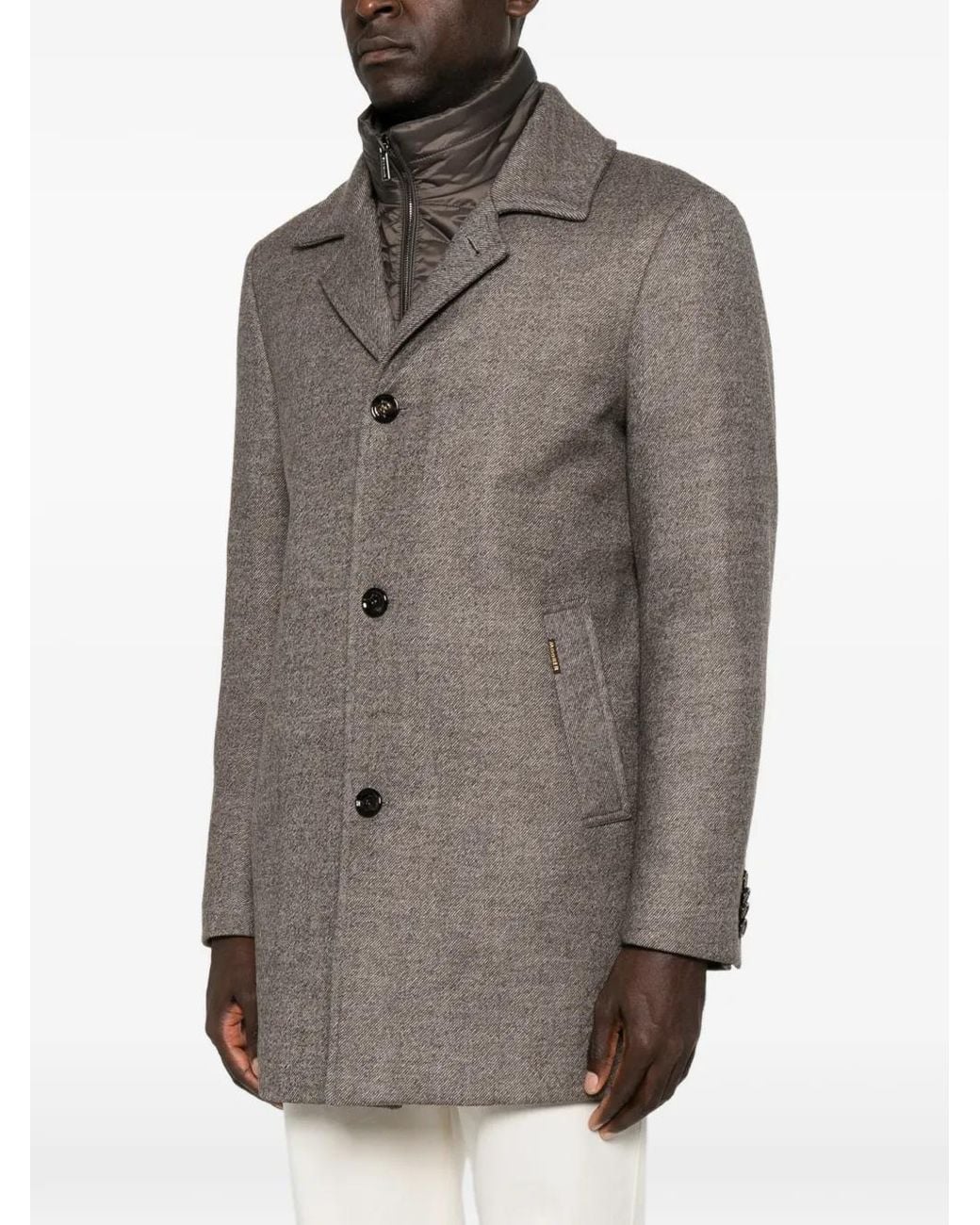 Moorer Gray Button-Up Layered-Neck Coat for men