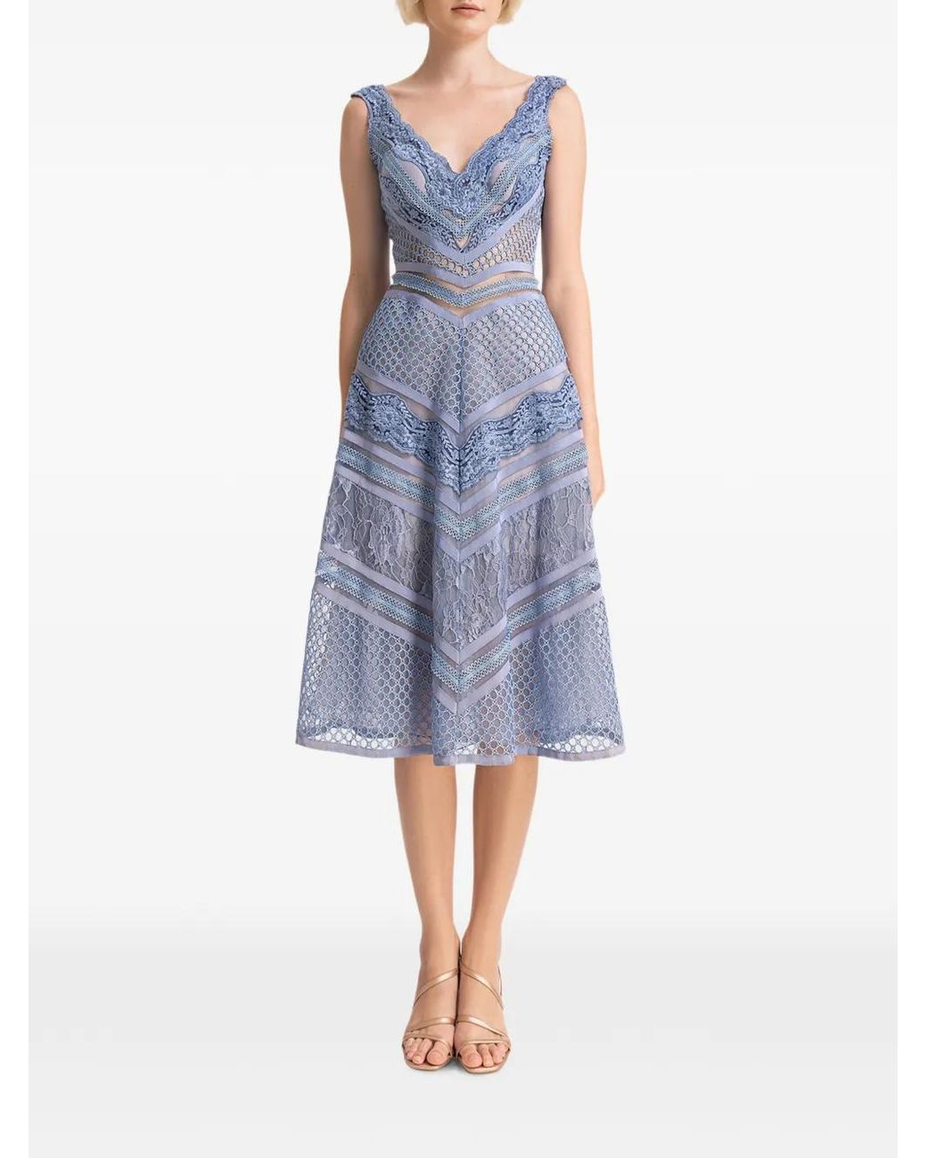 Gemy Maalouf Blue Lace-Panelled Sleeveless Dress