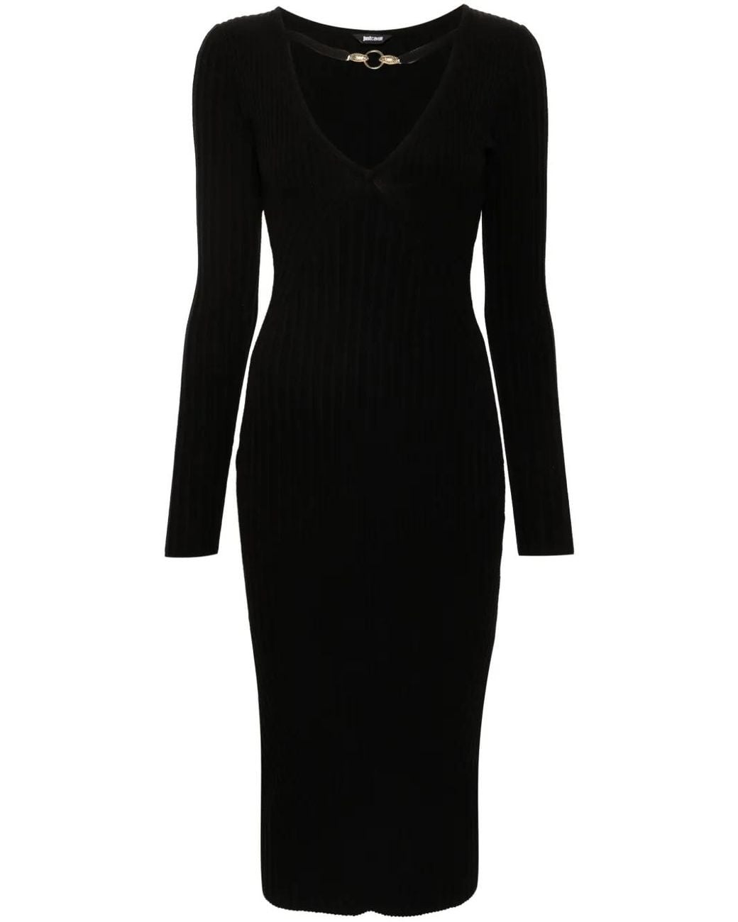 Just Cavalli Black V-Neck Knitted Midi Dress