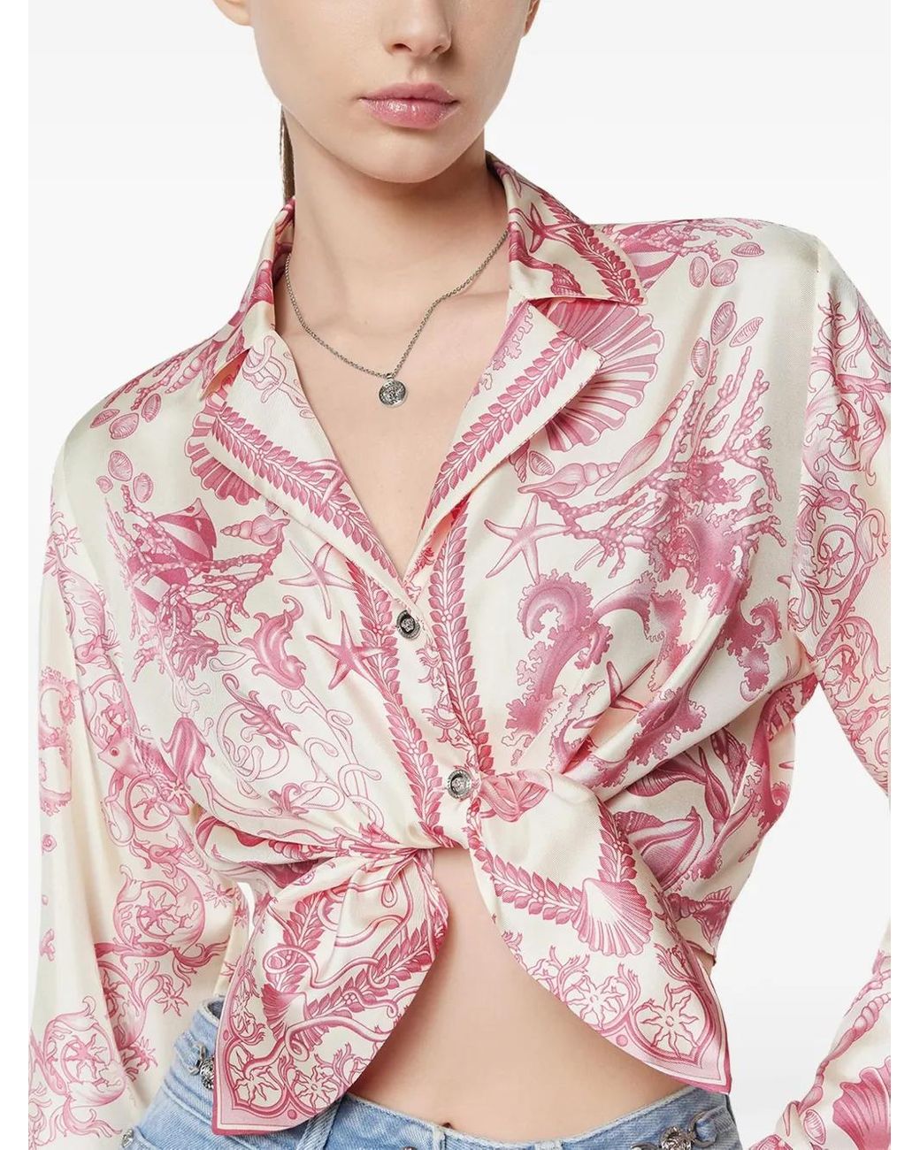 Versace Pink Underwater Barocco Knotted Crop Silk Shirt