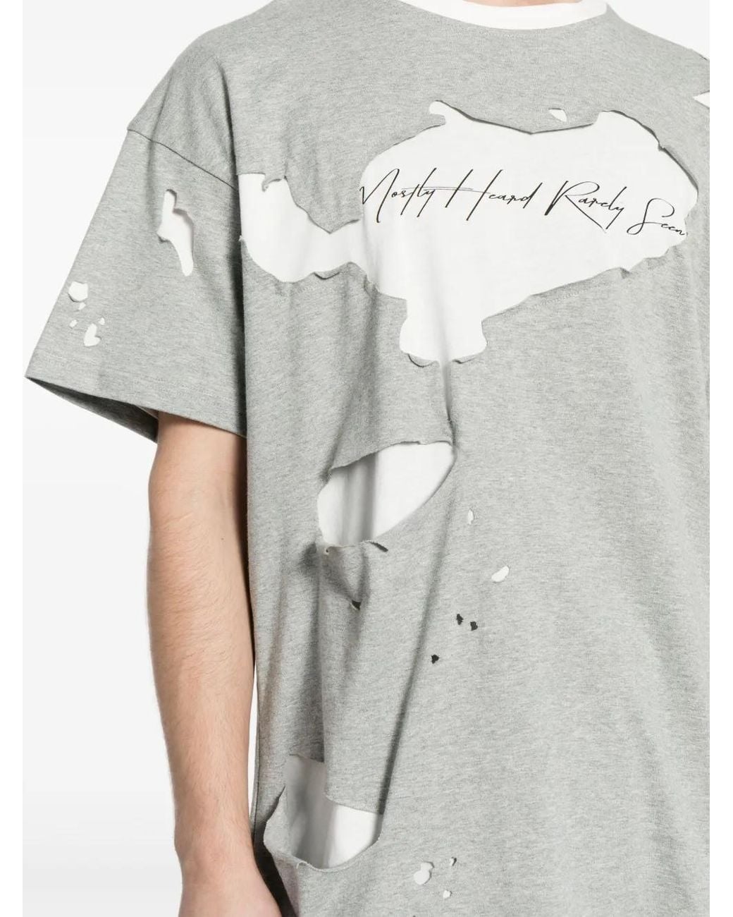 Mostly Heard Rarely Seen Gray Logo-Print Ripped-Detail T-Shirt for men
