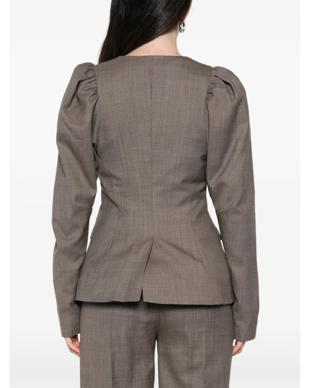 Ganni Brown Wool Melange Puffy-Sleeve Jacket