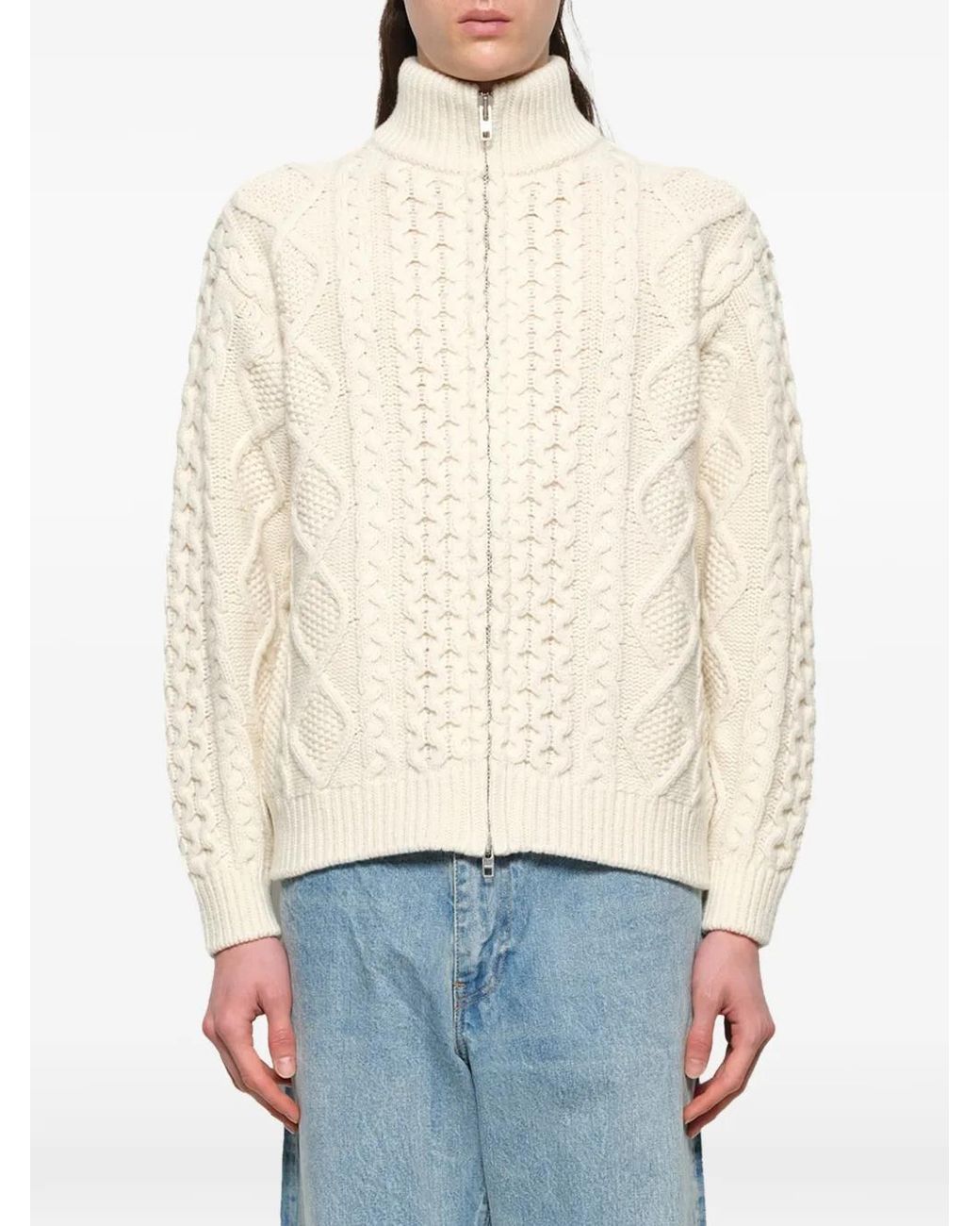 vowels White Cable-Knit Zip-Up Sweater for men