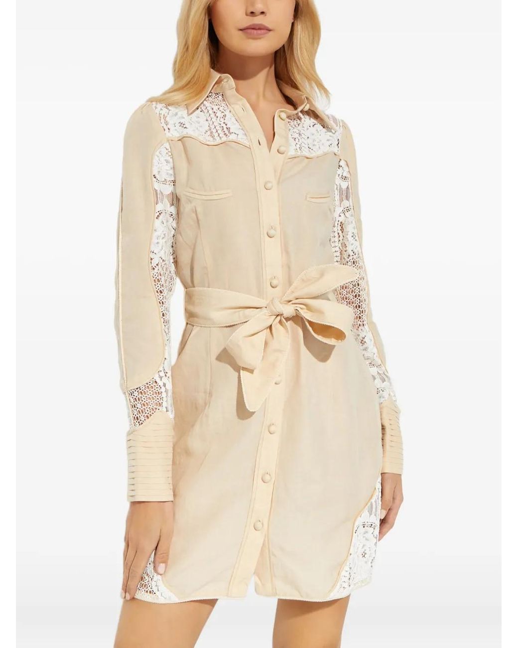 Ixiah Natural Lace-Embroidered Mini Dress
