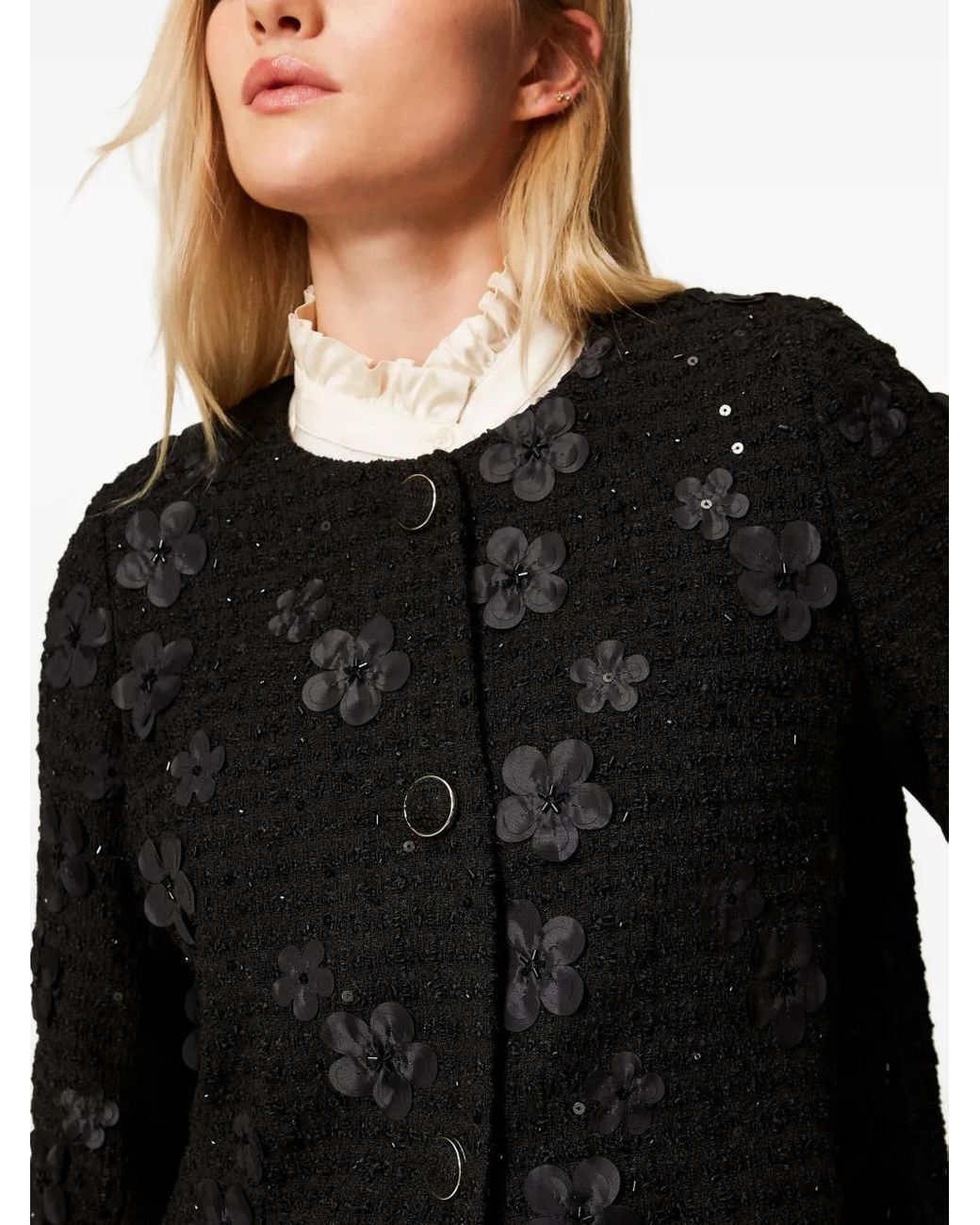 Twinset Black Flower-Sequin Embellished Coat