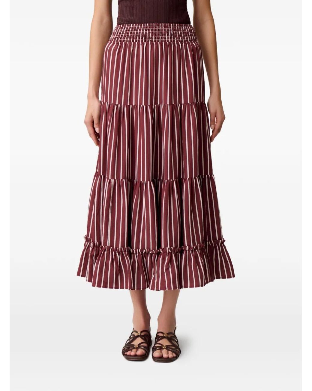 Jupe Trapèze Longue À Rayures Et Volants Superposés Claudie Pierlot en coloris Red