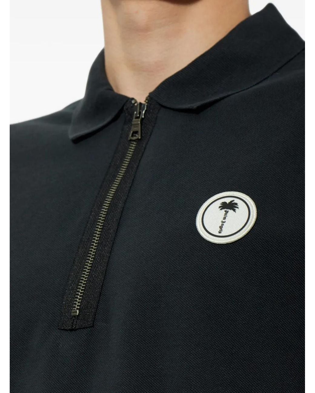 Palm Angels Black Logo-Patch Zip-Neck Polo Shirt for men