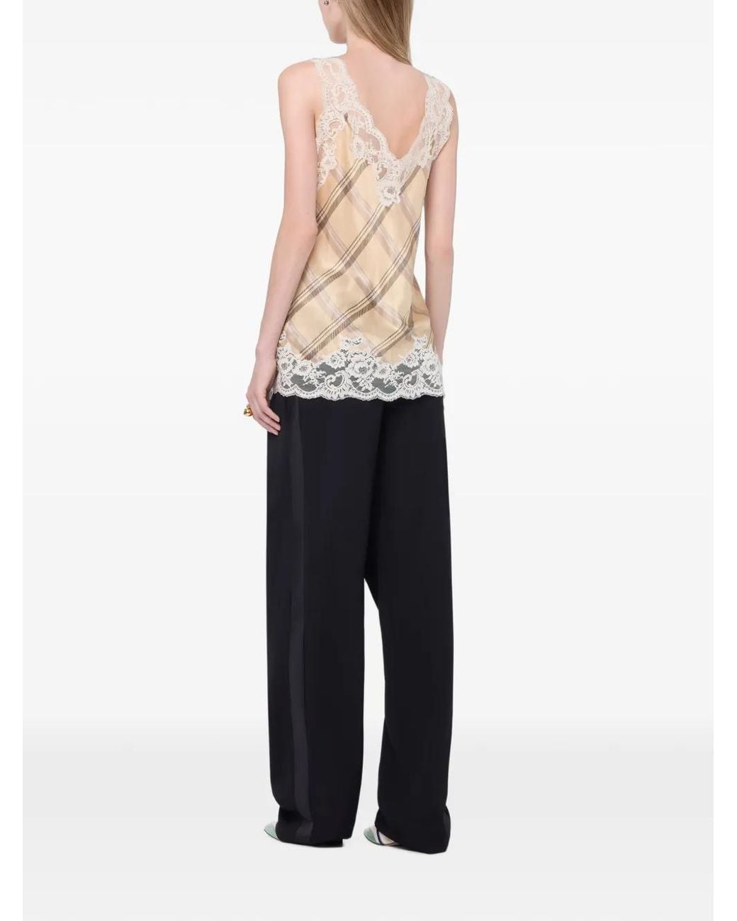 Rabanne White Tartan Print Silk Tank Top With Lace Detailing