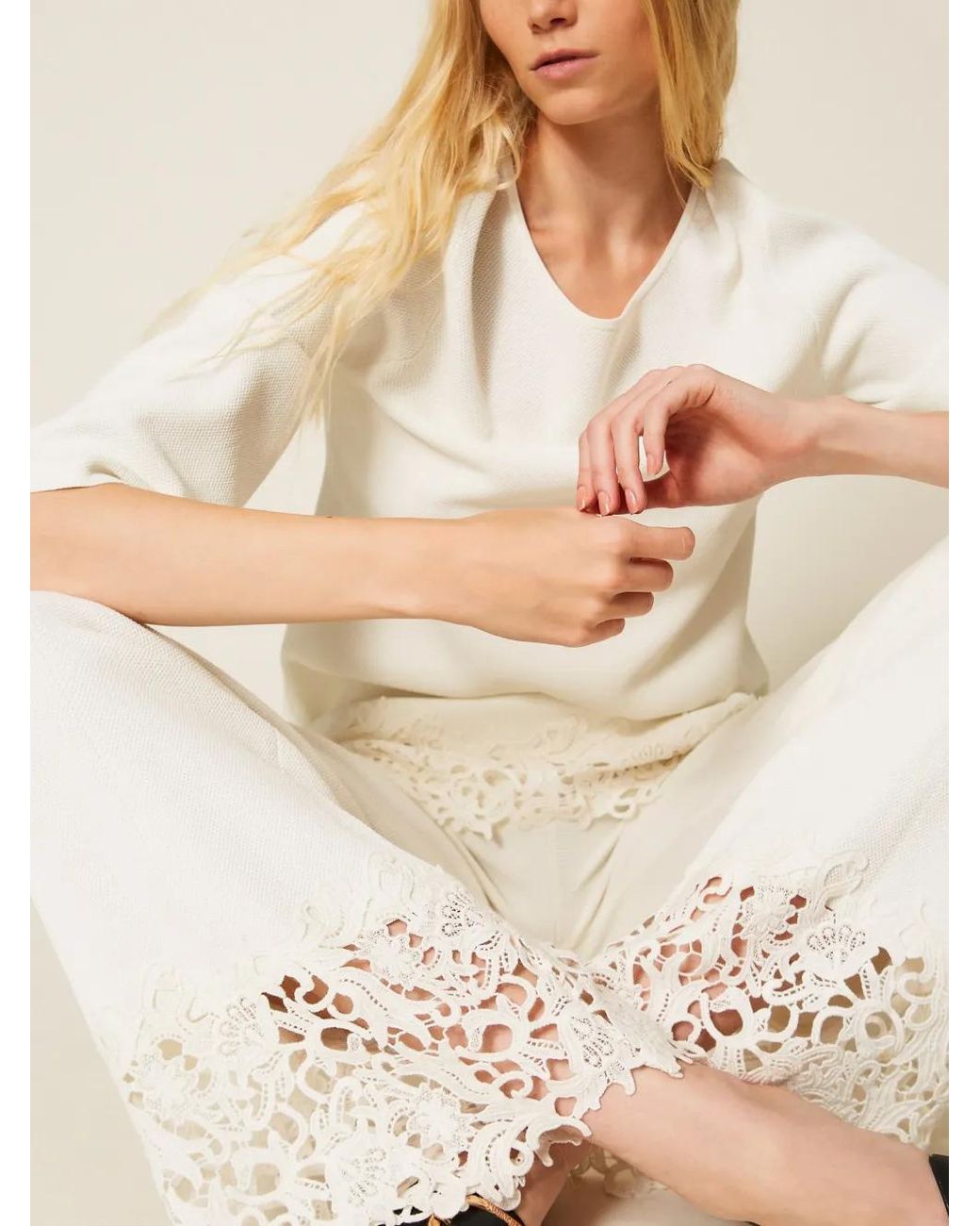 Twinset White Knit Trousers With Lace