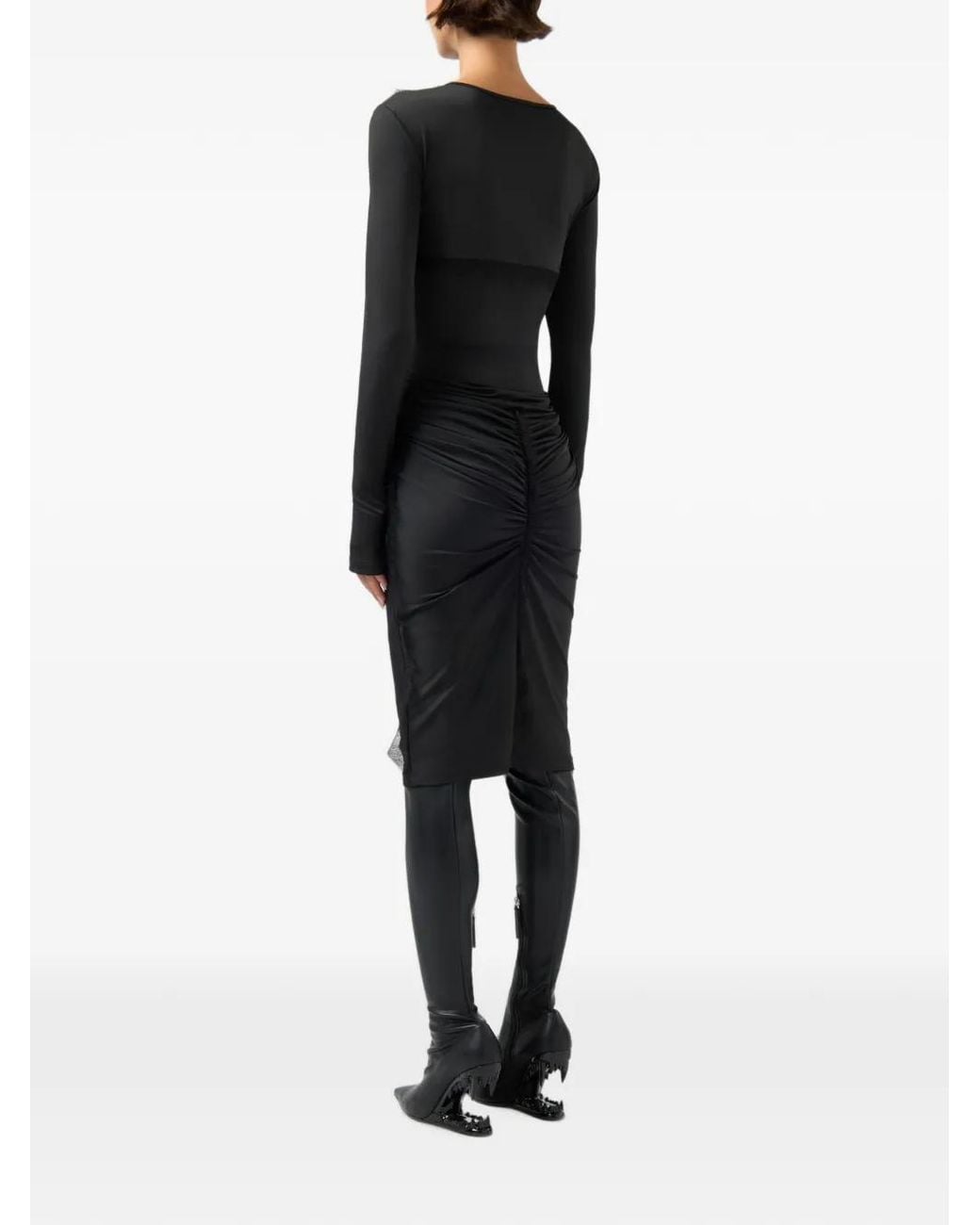 Gcds Black Lace-Insert Ruched Midi Dress