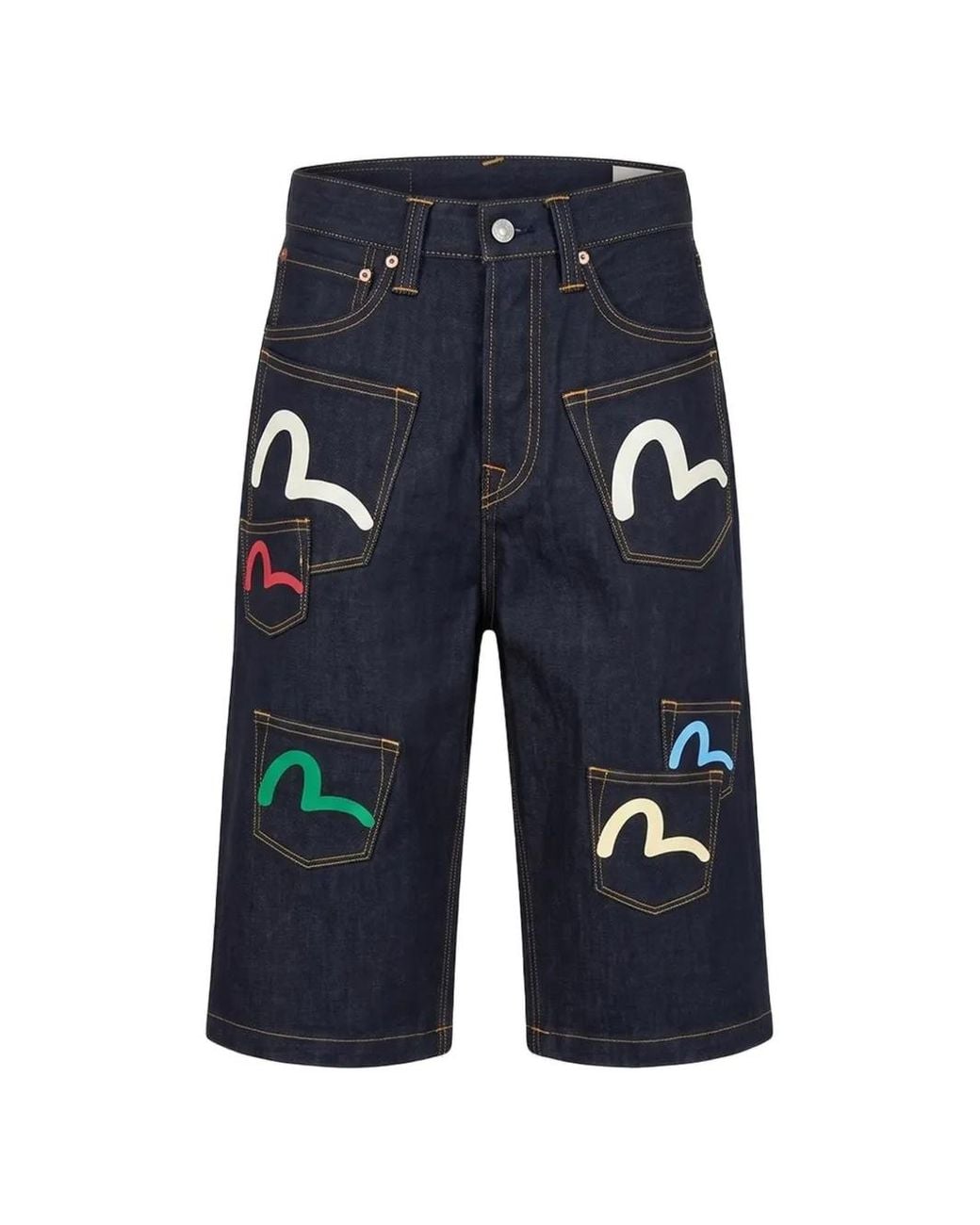 Evisu Blue Seagull-Print Multi-Pocket Denim Shorts for men