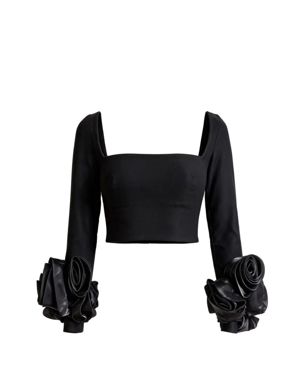 Gemy Maalouf Black Floral-Appliqué Cropped Top
