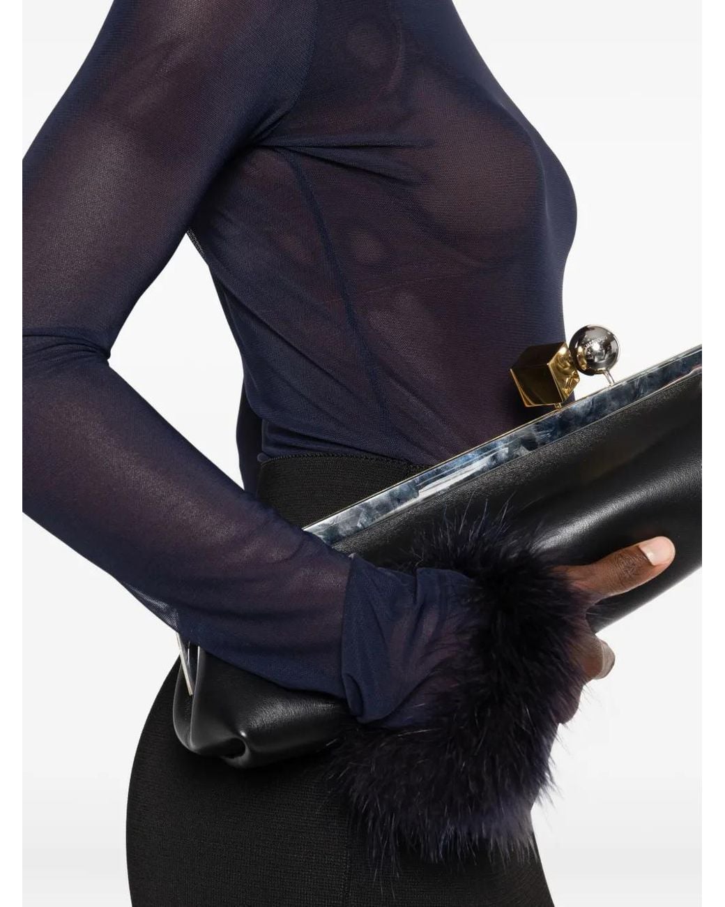 Mugler Blue Mesh Feather-cuff Top