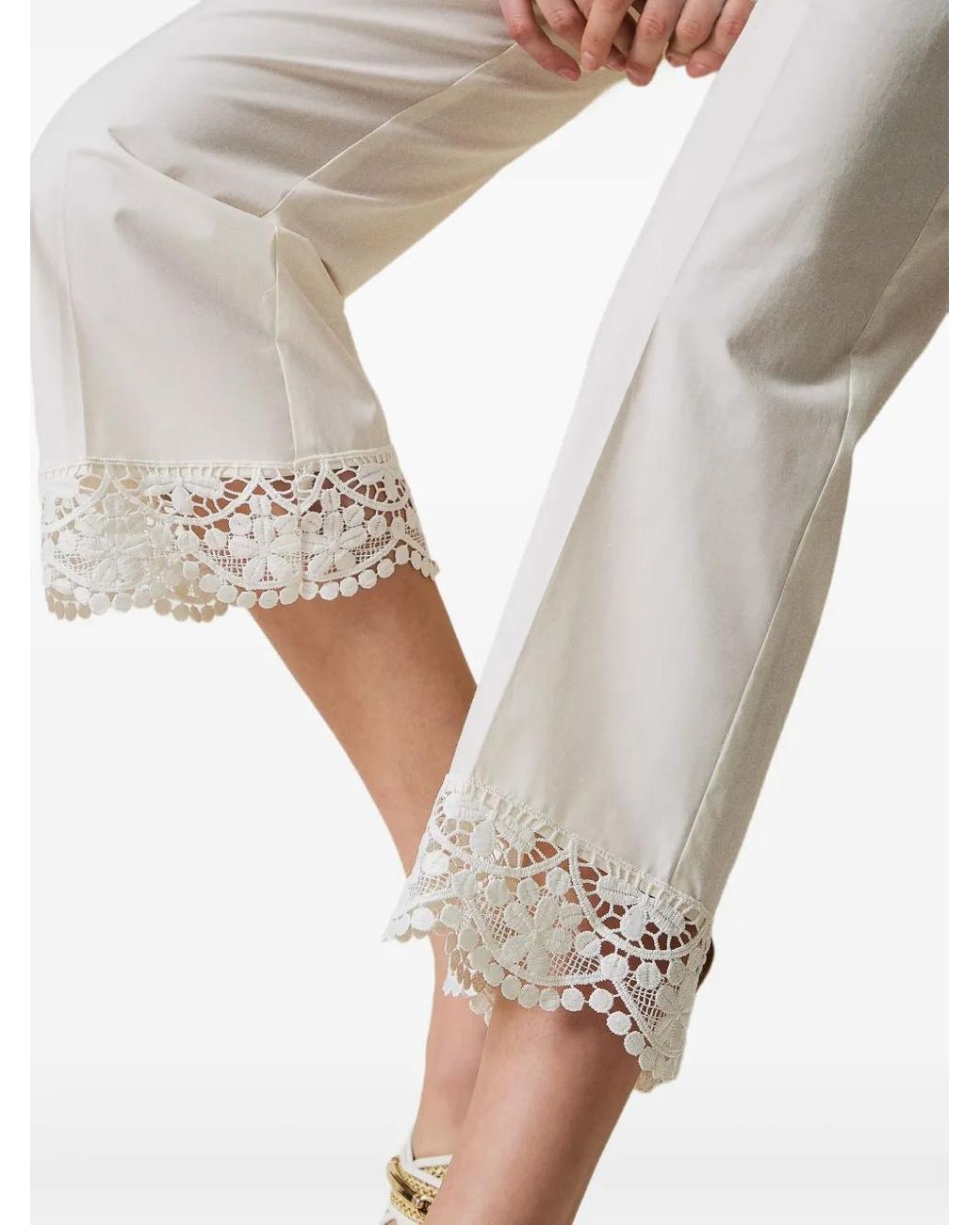 Twinset White Cropped Lace-Trim Trousers