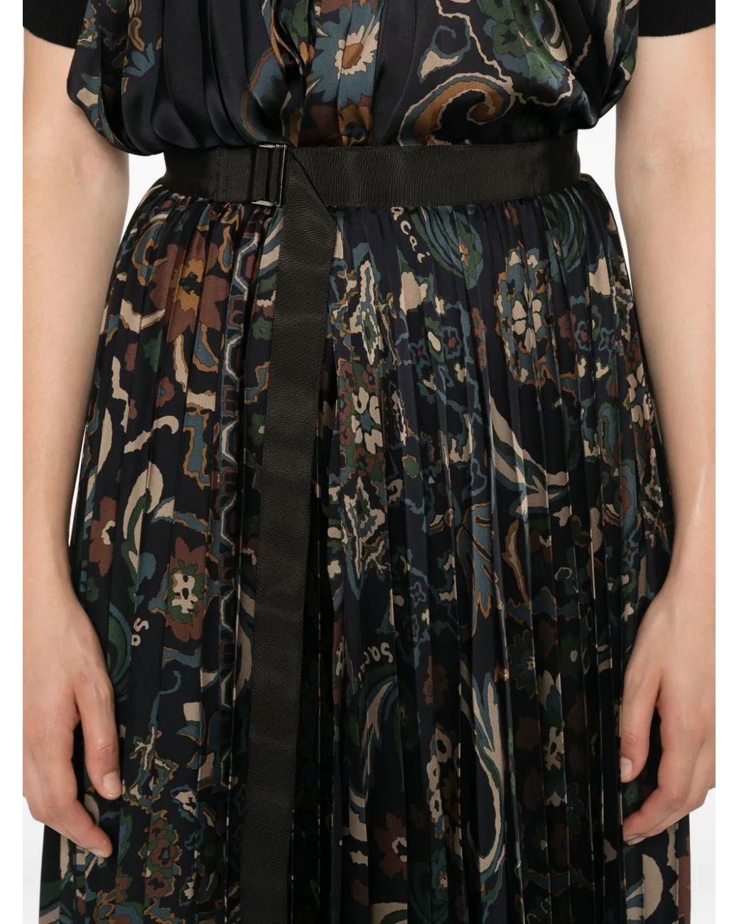Sacai Black Pleated Paisley Print Skirt