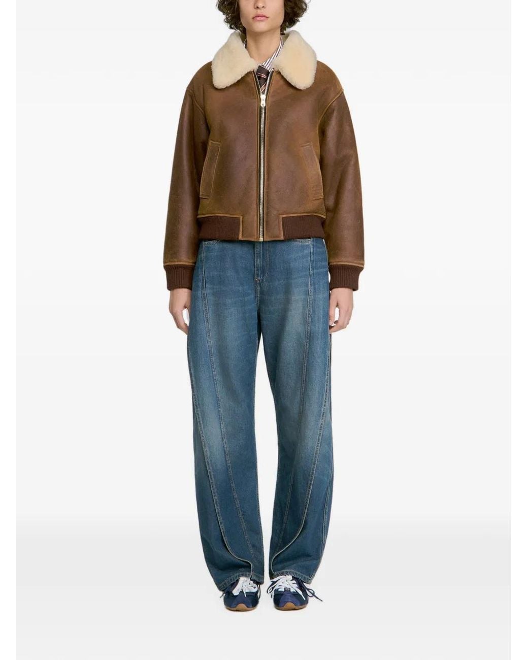 Sandro Brown Zipped Shearling Jacket