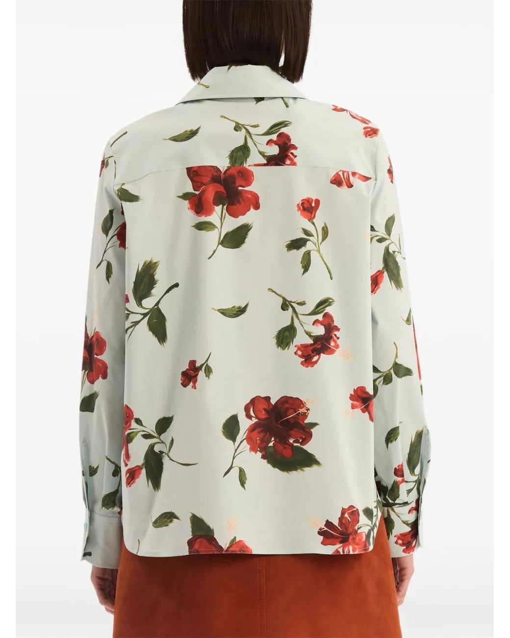 Oscar de la Renta White Hibiscus Cotton Poplin Blouse