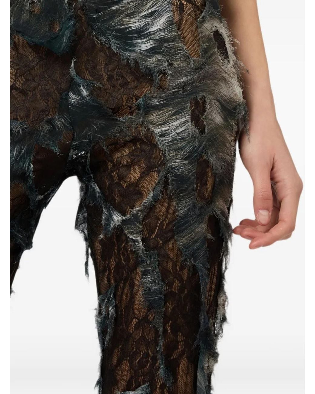 Roberto Cavalli Black Distressed-Effect Lace Flared Trousers