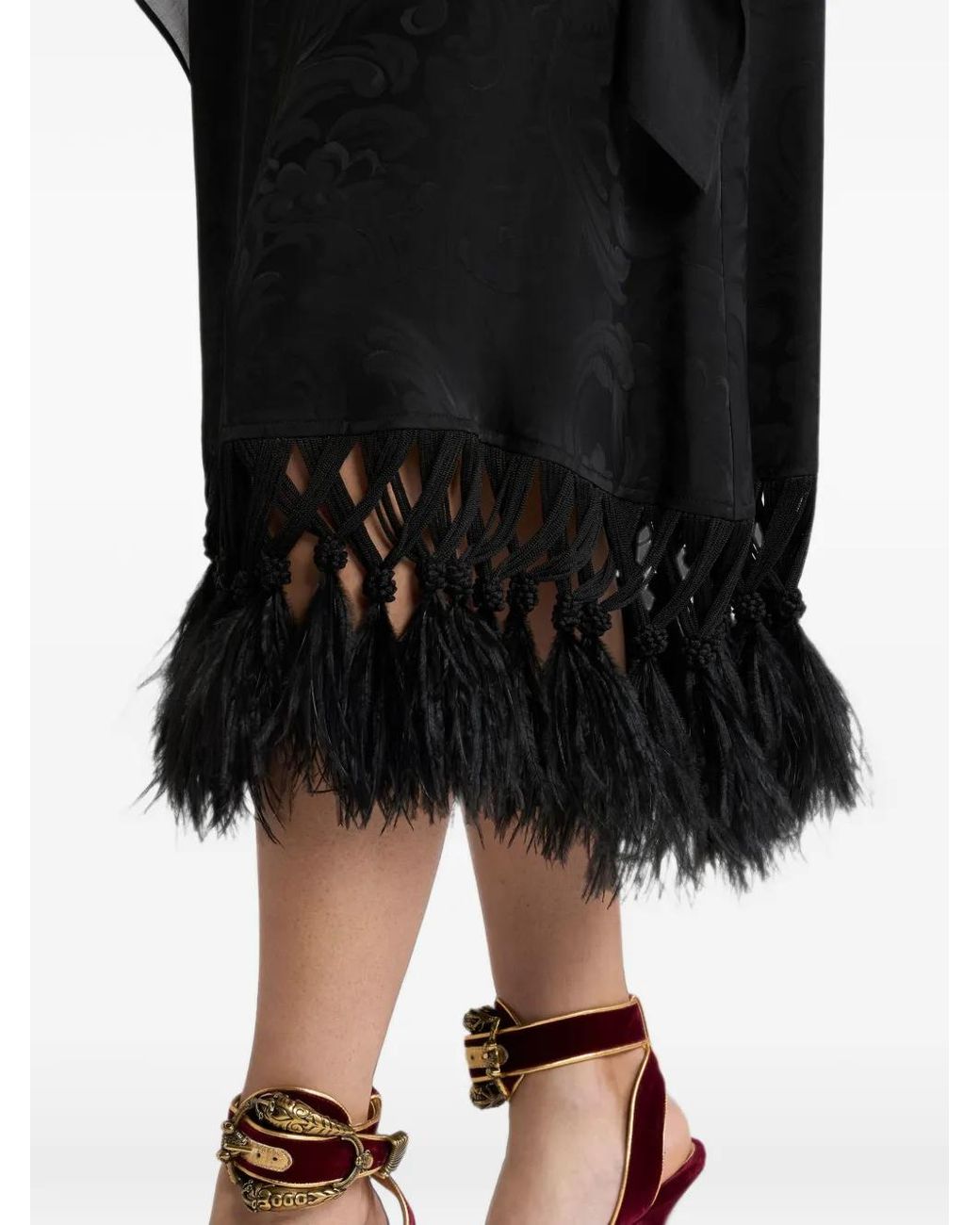 Etro Black Paisley-Jacquard Midi Skirt With Feather Trim