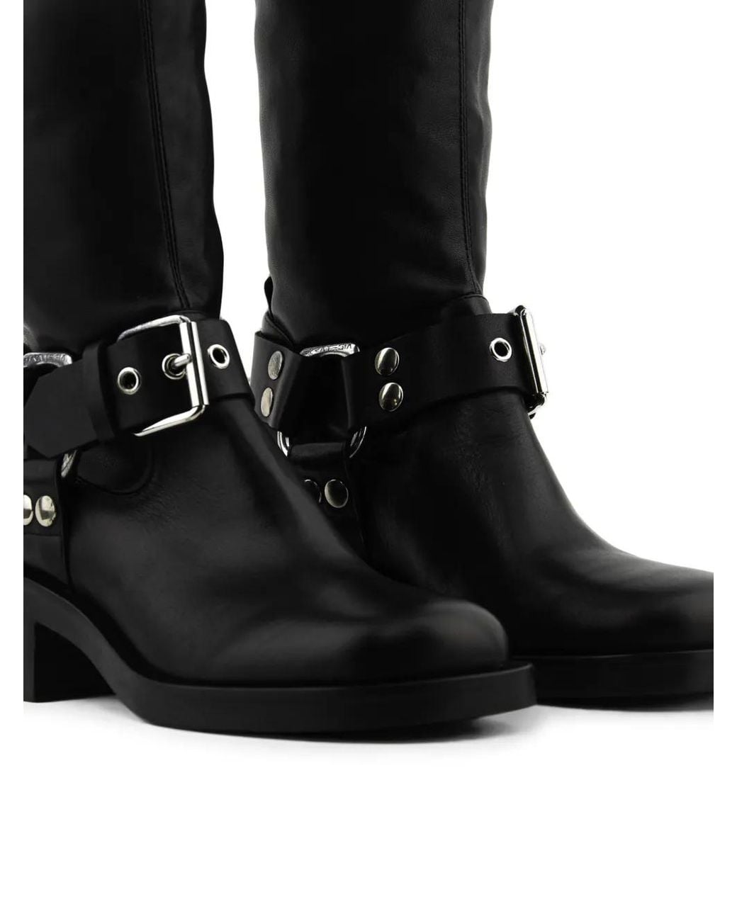 strategia shoes Black Buckle-Detail Leather Over-The-Knee Boots