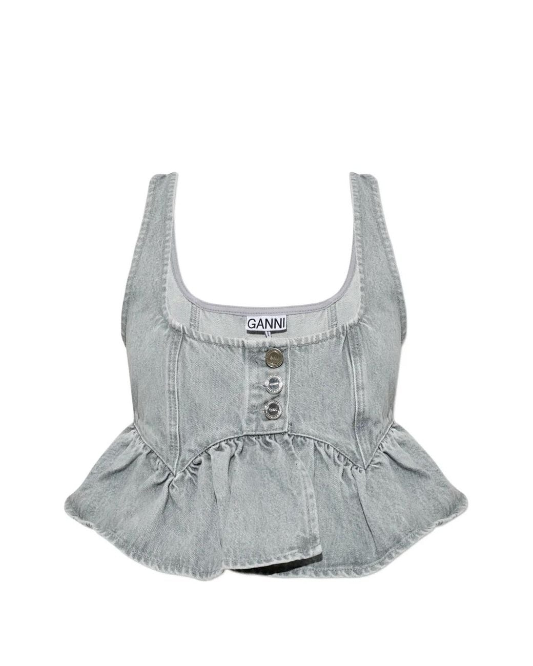 Ganni Gray Ruffled Peplum Blouse