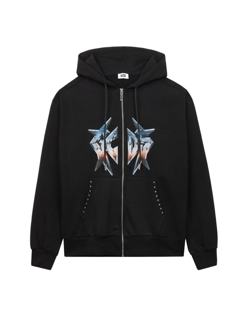 Gcds Black Graphic Print Sweatshirt With Zip And Hood for men