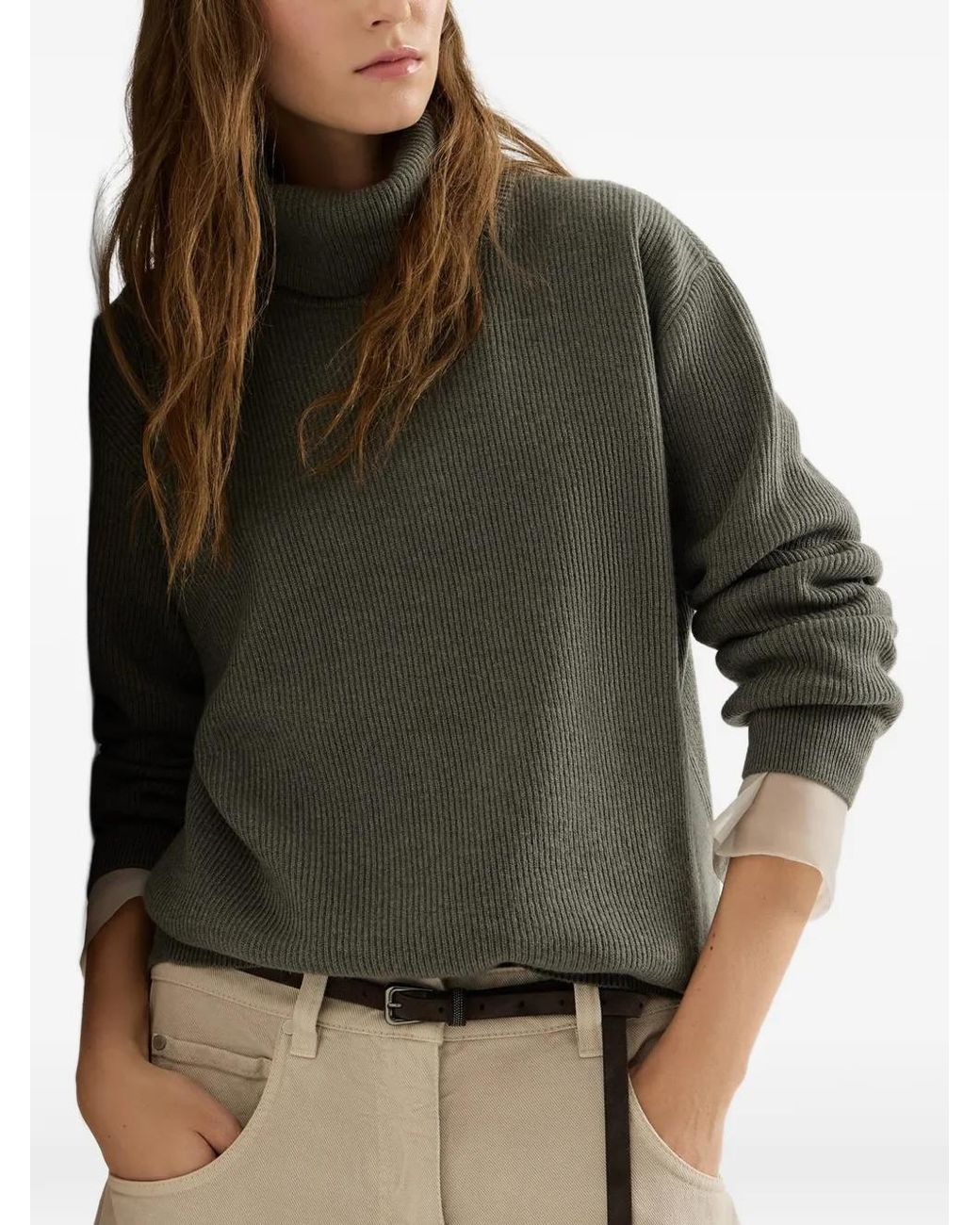 Brunello Cucinelli Green Cashmere English-Rib Turtleneck Sweater With Monili