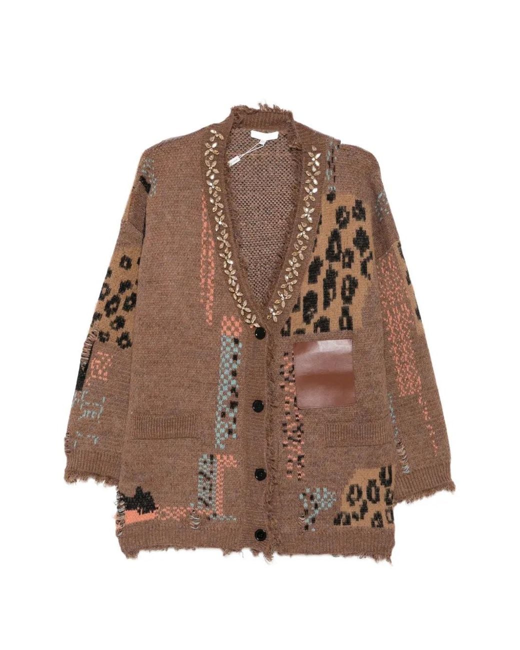 Paperlace Brown Crystal-Embellished Leopard-Pattern Cardigan