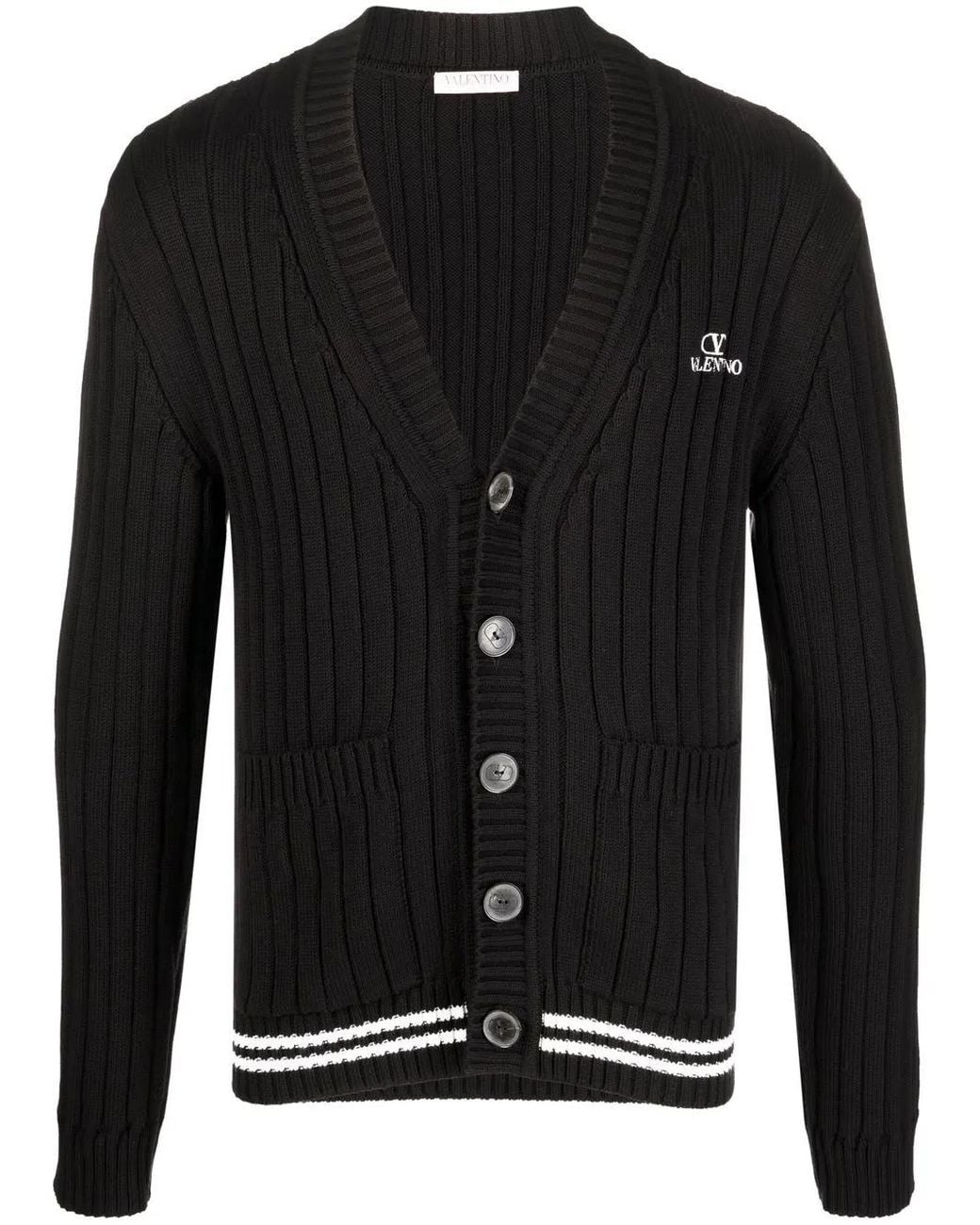 Valentino Garavani Black Ribbed-Knit V-Neck Cardigan for men