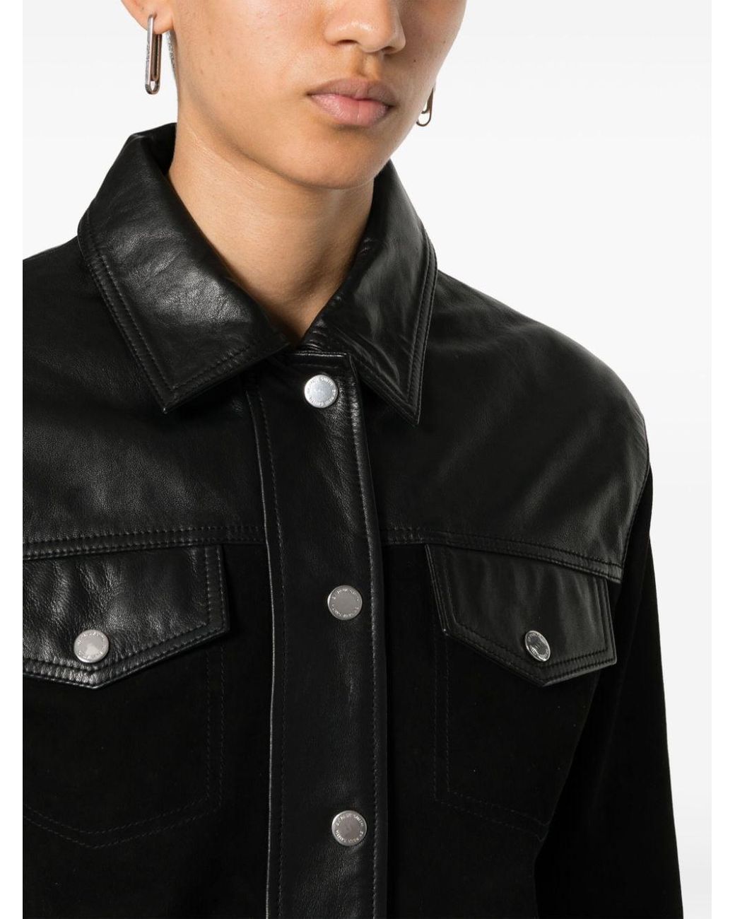 BOSS - Cropped button-up leather jacket bonded with denim