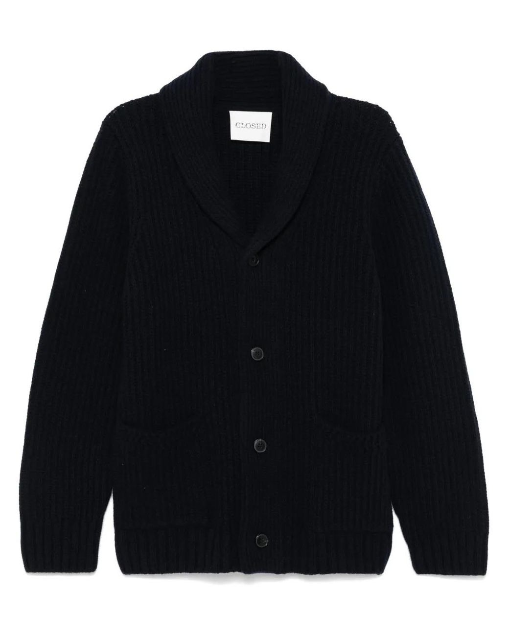 Closed Blue Ribbed-Knit Shawl-Collar Cardigan for men