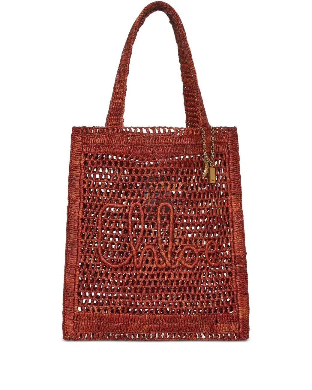 Chloé Red Summer Banana Logo Raffia Tote