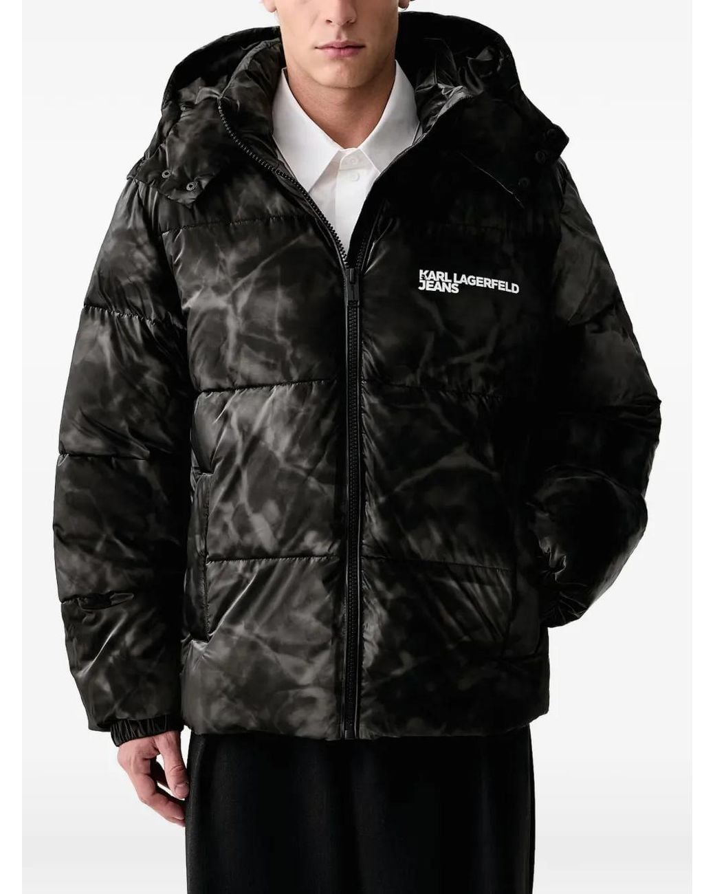 Karl Lagerfeld Black Logo-Print Hooded Puffer Jacket for men