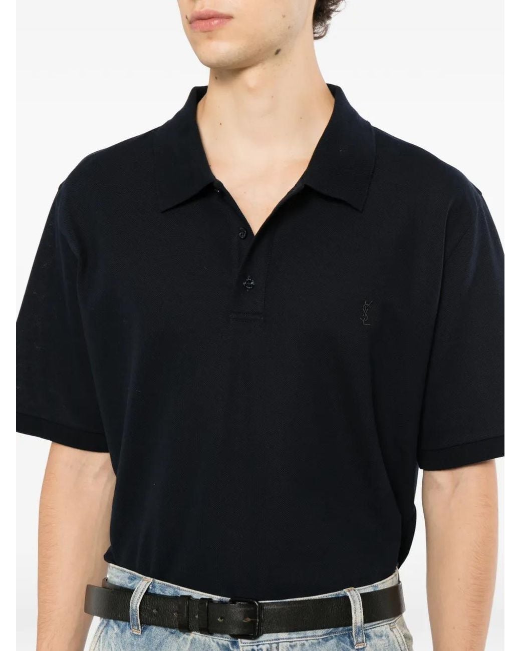 Saint Laurent Black Cassandre Piqué Polo Shirt for men