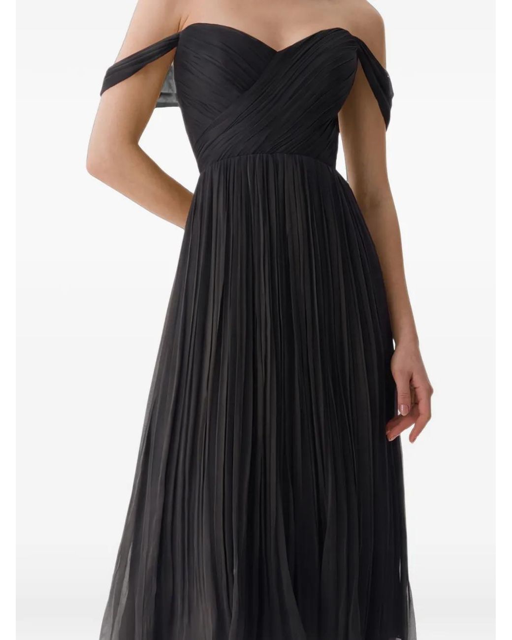 Framboise Black Canneline Off-Shoulder Pleated Midi Dress