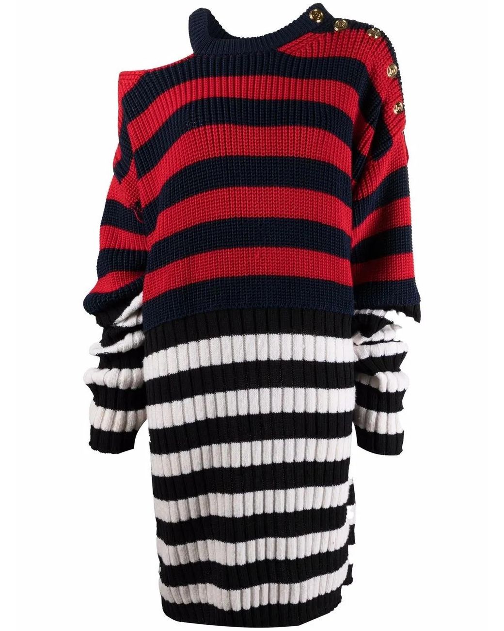 Balmain Red Ribbed-Knit Striped Mini Dress