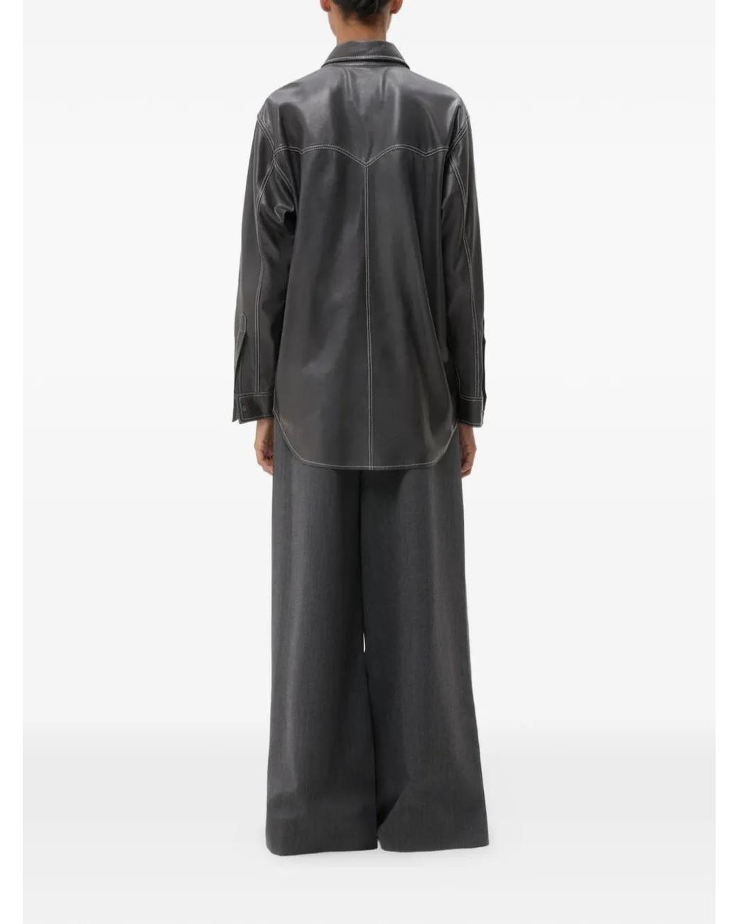 Twp Gray Contrast-Stitch Leather Shirt