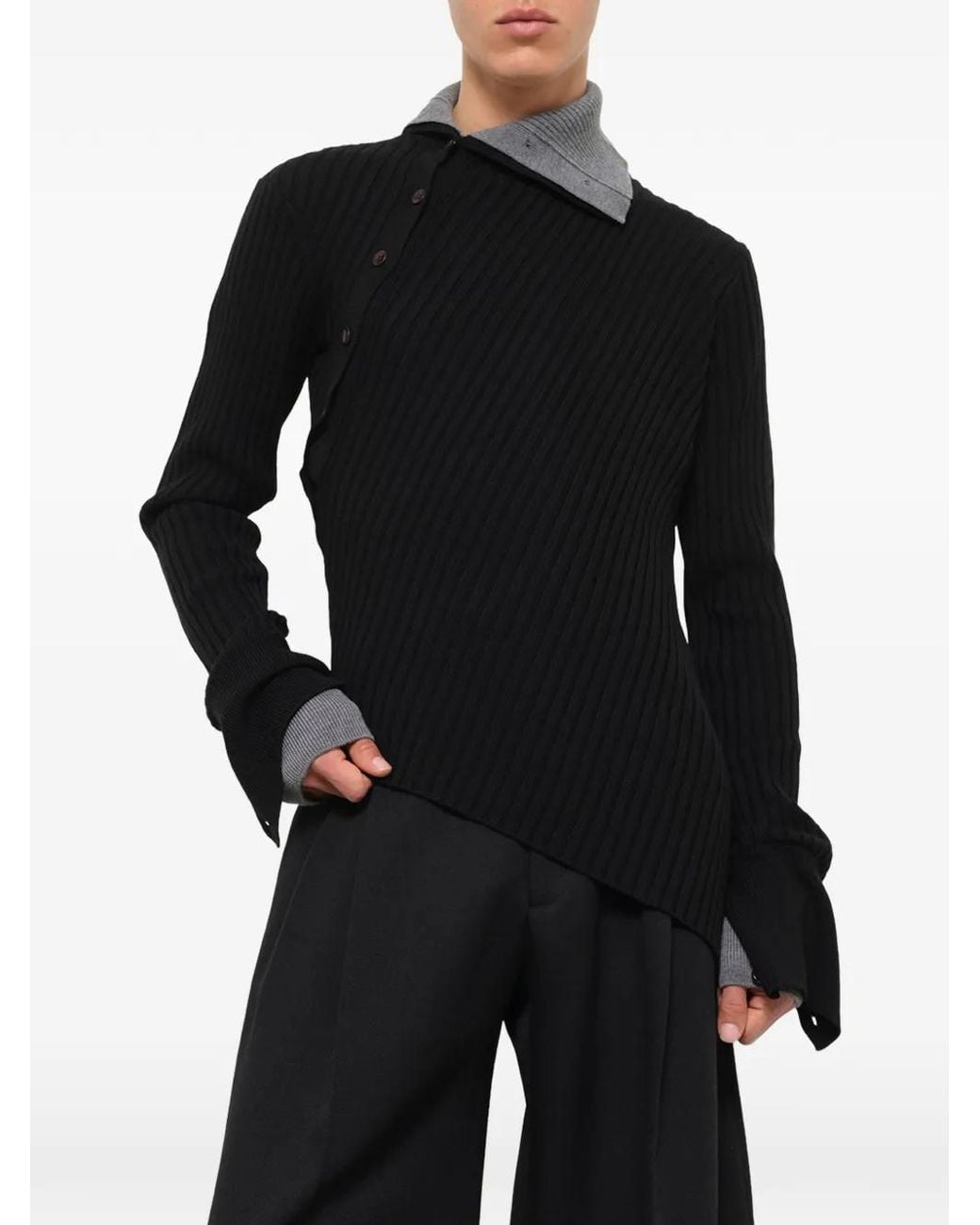 Egonlab Black Asymmetrical Ribbed-Knit Sweater for men