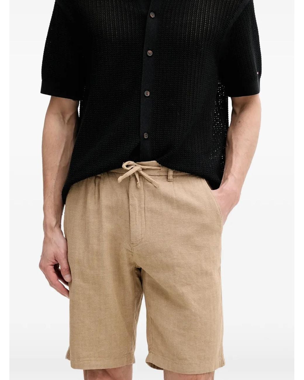 Lindbergh Black Herringbone Drawstring Deck Shorts for men
