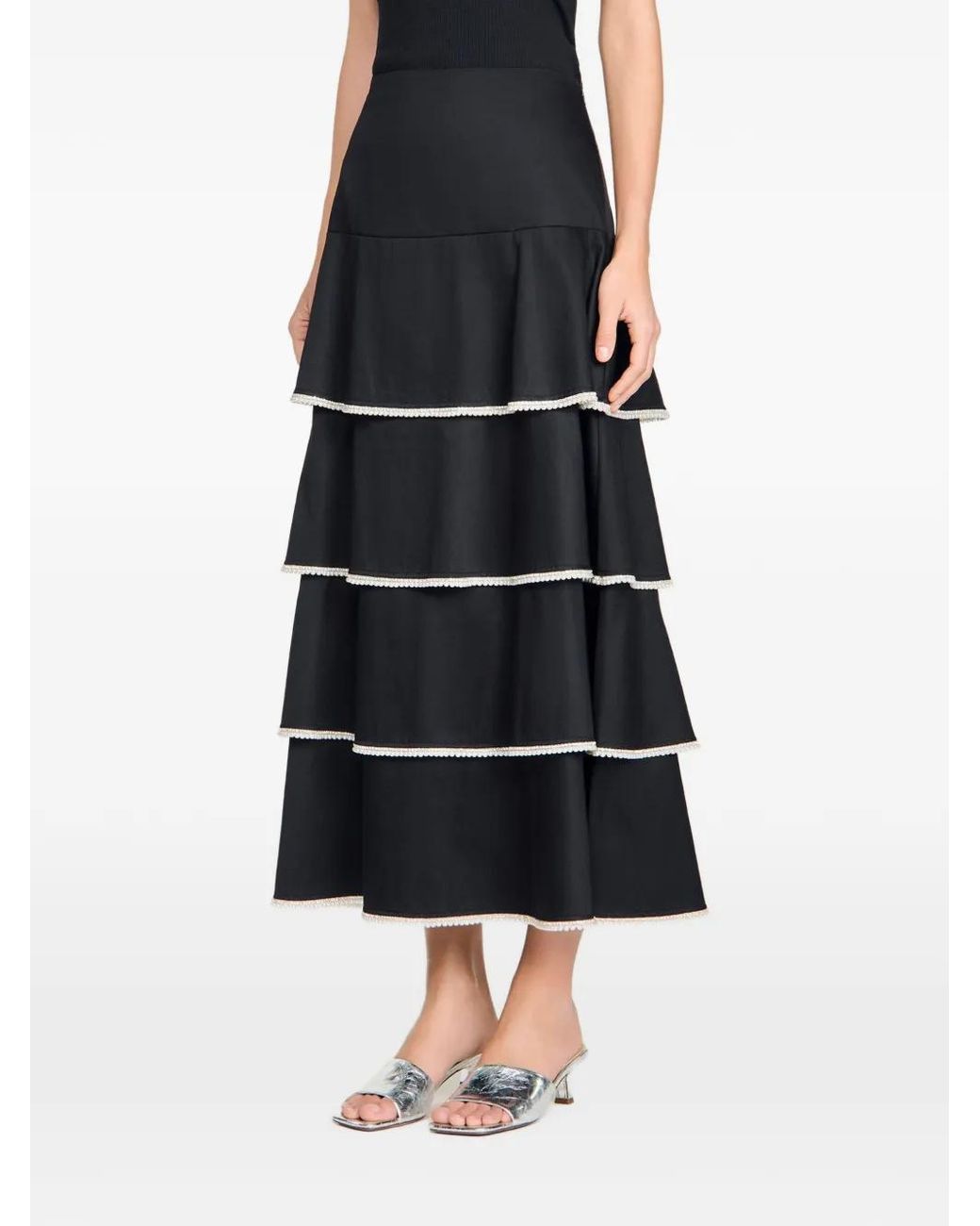 Sandro Black Maxi Ruffled Rhinestone Skirt