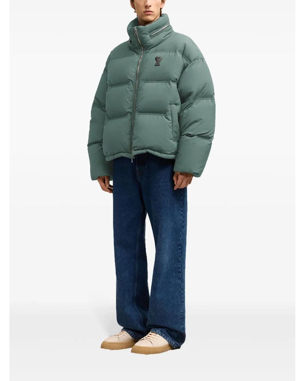 AMI Green Cropped Puffer Jacket With High Stand Collar for men